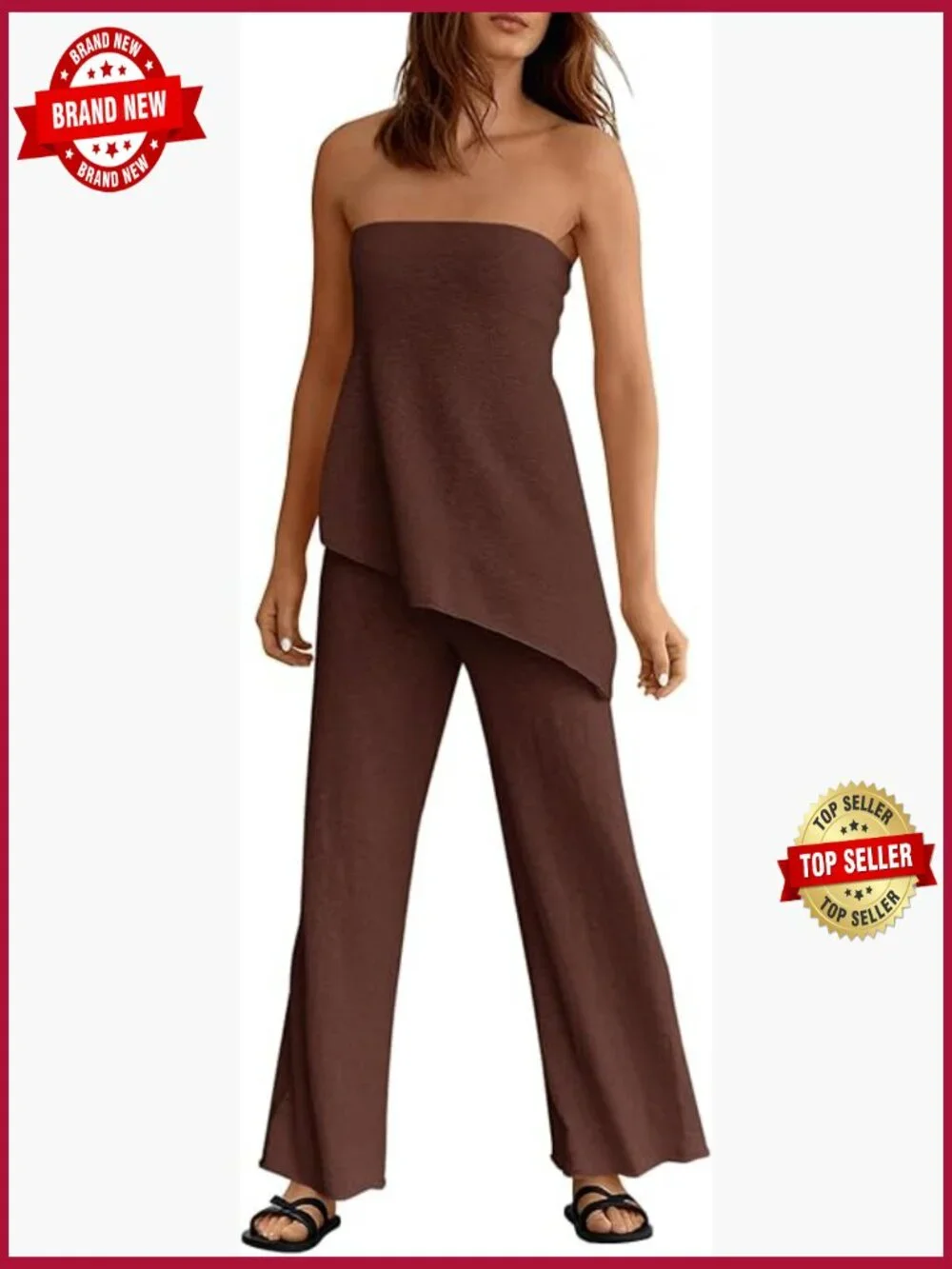 Women's 2 Piece Matching Lounge Set Tube Top Wide Leg Pants Knit Travel Outfit